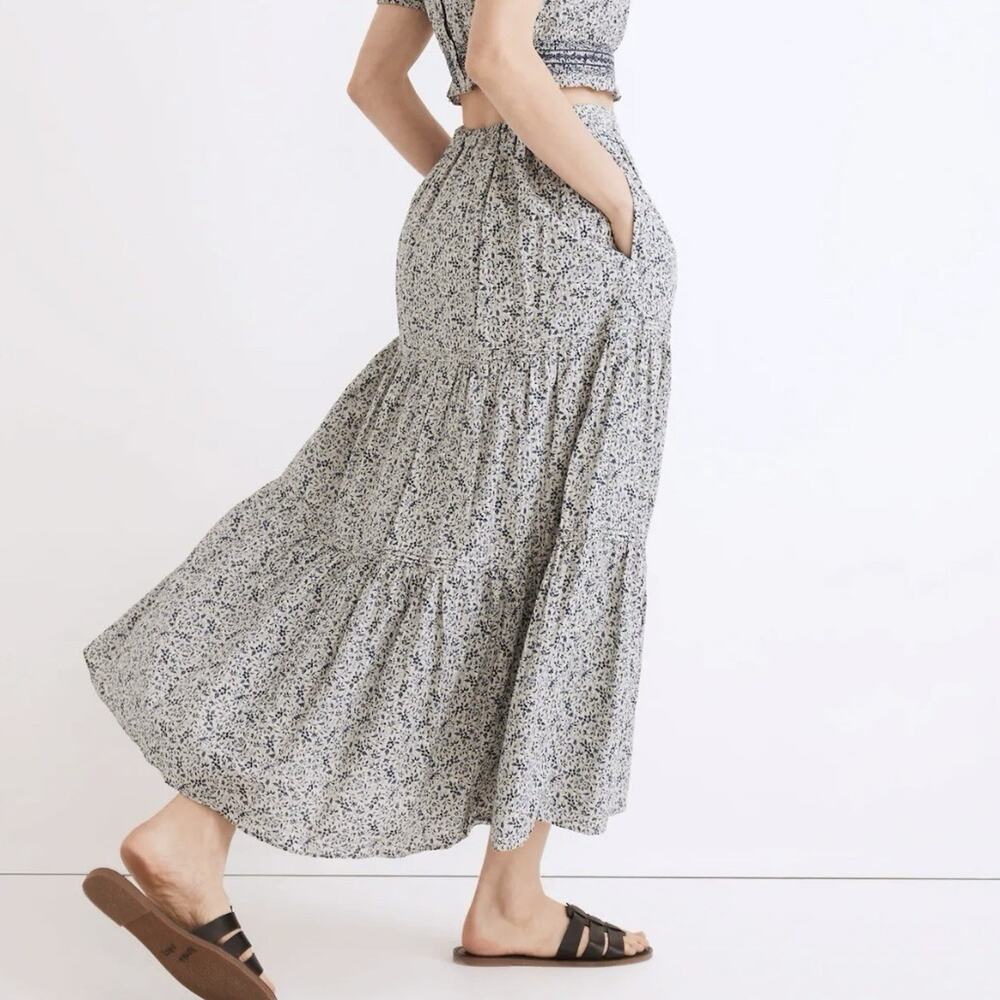 Madewell XS Floral Tiered Maxi Skirt Blue Flowy A-line Cottagecore Boho MSRP:$98
